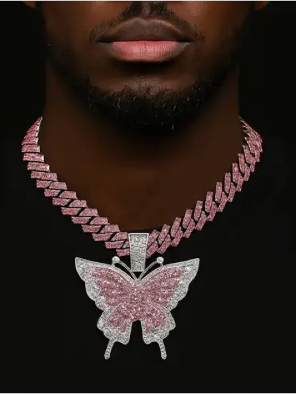 Pink Shiny Butterfly Pendant For Cuban Necklace Chain for Men unisex